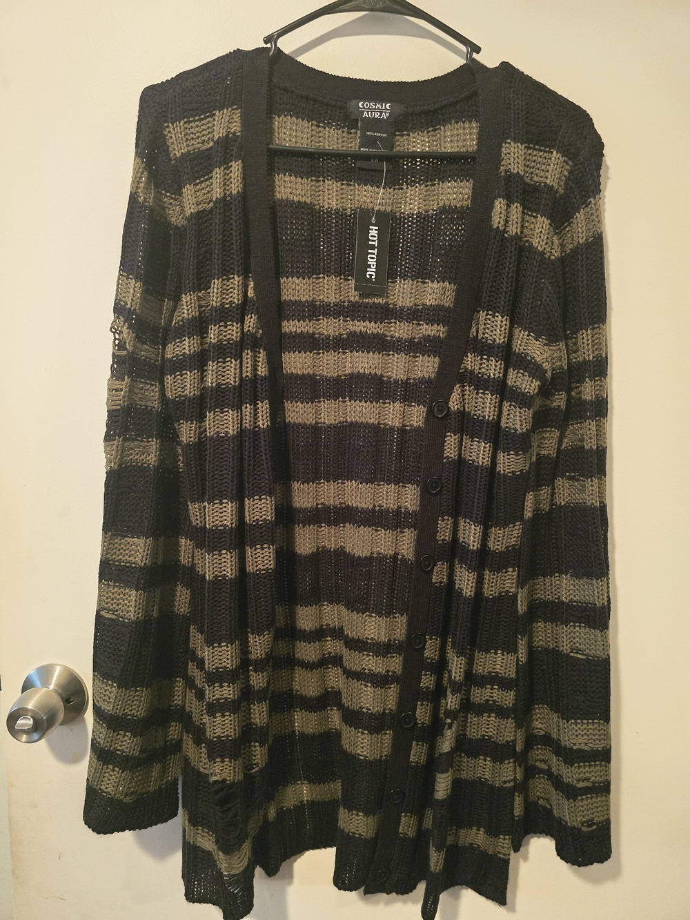 Hot Topic Black and Olive Striped Open-Knit Cardigan